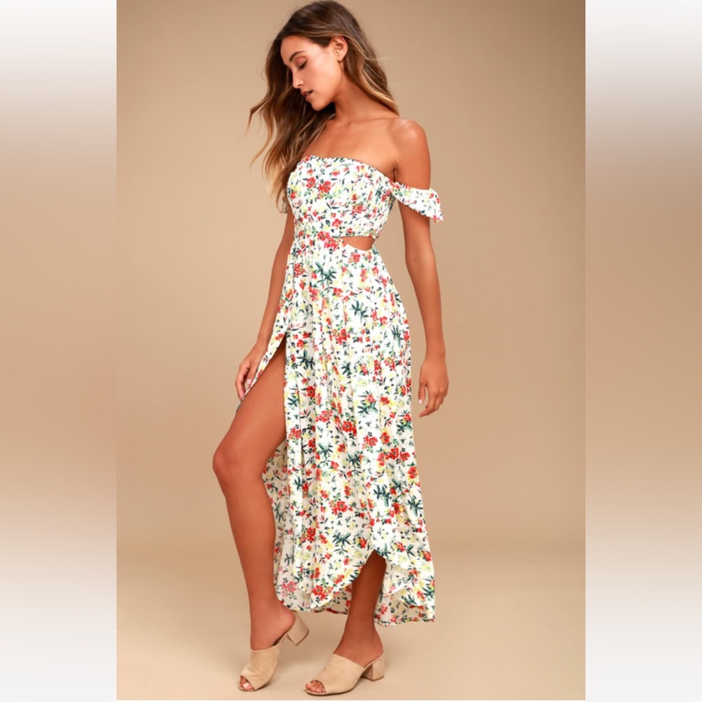 LUSH Cream Floral Print Off-the-Shoulder Maxi Dress